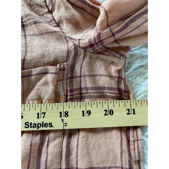 Free People 100% Linen No Limits Peach Plaid Button Down Shirt oversized Small - Picture 10 of 12